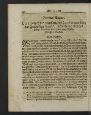 Vierdtes Capitul. Continuiret die angefangene Conferenz über das Frantzösische Manifest