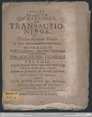 Selectae Quaestiones, De Transactionibus