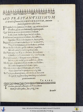 Ad Praestantissimum et Eruditissimum Dn. Respondentem, Amicum suum singulariter dilectum.