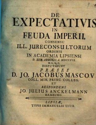 De Expectativis In Feuda Imperii : ... D. XXV. Aprilis A. MDCCXIX.