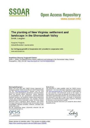 The planting of New Virginia: settlement and landscape in the Shenandoah Valley