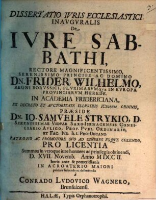 Dissertatio Ivris Ecclesiastici Inavgvralis De Ivre Sabbathi