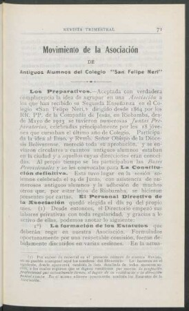 Movimiento de la Asociación de Antiguos Alumnos del Colegio "San Felipe Neri"