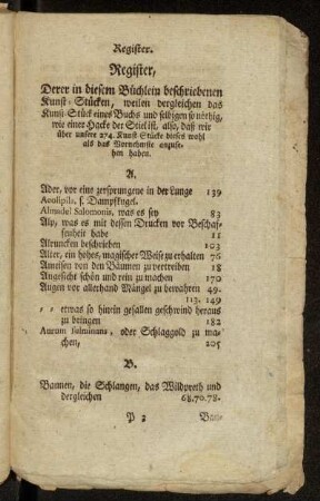 Register, Derer in diesem Büchlein beschriebenen Kunst-Stücken,[...]