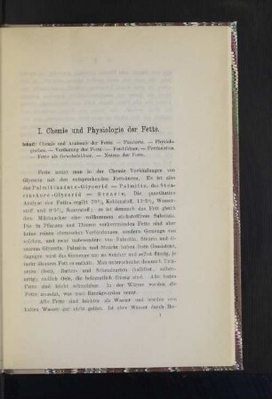 I. Chemie und Physiologie der Fette.