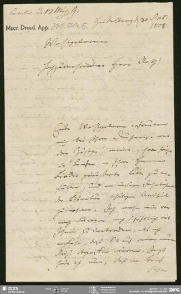 Eigenh. Brief von Friedrich Creuzer an August Wilhelm von Schlegel, Heidelberg, 30.09.1808