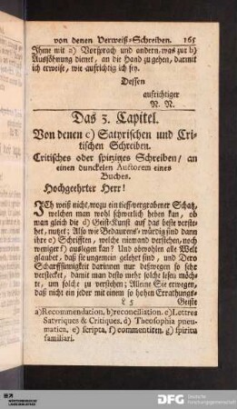 Das 3. [17.] Capitel. Von denen Satyrischen und Critischen Schreiben.