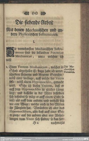 Die siebende Arbeit, Mit denen Mechanischen und andern Physicalischen Instrumenten