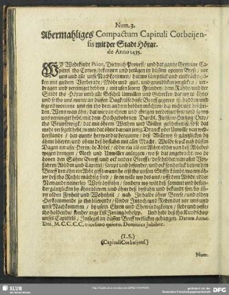 Num. 3. Abermahliges Compactum Capituli Corbeijensis mit der Stadt Höxar, de Anno 1435