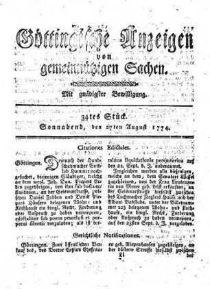 34tes Stück. Sonnabend, den 27ten August 1774.