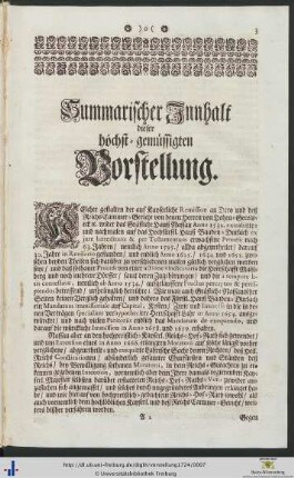 Summarischer Innhalt dieser höchst-gemüssigten Vorstellung