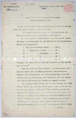 Hektografiertes maschinenschriftliches Rundschreiben eines Bürgermeisters zur Unterstützung der Familien von Kriegsteilnehmern