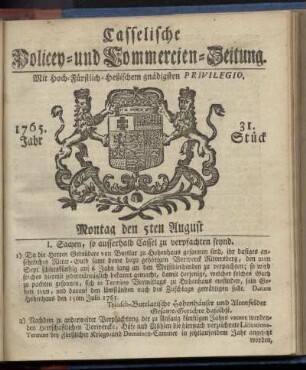 31. Stueck, Montag den 5ten August 1765