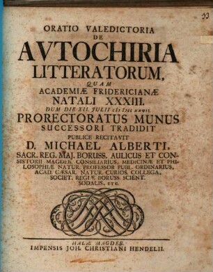 Oratio Valedictoria De Autochiria Litteratorum