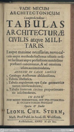 Vade Mecum Architectonicum Comprehendens Tabulas Architecturae Civilis atque Militaris