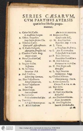 Series Caesarum, cum partibus aversis quae in hoc libello proponuntur