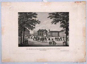 Der Neustädter Markt in Dresden, Blick nach Süden, mit dem Reiterstandbild August des Starken, der Neustädter Wache (Blockhaus) und Blick über die Augustusbrücke auf die Altstadt