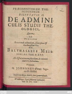 Praecognitorum Theologicorum Disputatio II. De Adminiculis Studii Theologici