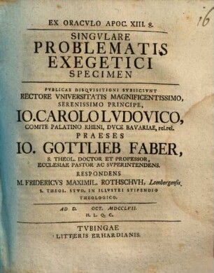 Ex oraculo Apoc. XIII, 8. singulare problematis exegetici specimen