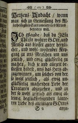 Hertzens-Andacht/ wann man sich zu Geniessung des Allerheiligsten Sacraments des Altars bereiten will.