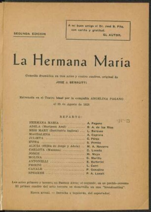 La hermana María : comedia dramática en tres actos y cuatro cuadros