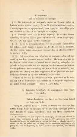 II. Resolutien betreffende de zoogenaamde vrye vaart en den vryen handel. Extract-Resolutien van Gouvernr. Generl. van Imhoff en Rade van Indie