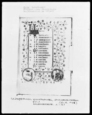 Fragment eines Stundenbuches — Kalenderseite Januar mit zwei Medaillons, Folio 1recto