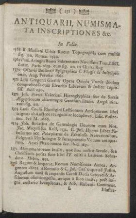 Antiquarii, Numismata Inscriptiones &c. In Folio
