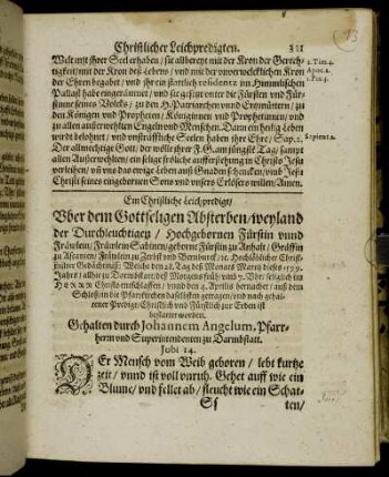 Ein Christliche Leichpredigt/ Uber dem Gottseligen Absterben/ weyland der Durchleuchtigen/ Hochgebornen Fürstin unnd Fräwlein/ Fräwlein Sabinen/ geborne Fürstin zu Anhalt [...]
