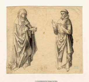 Die Heilige Ottilie, nach rechts, zwei Augen auf einem Buch mit der Linken haltend und (rechts) ein Mönch mit erhobenen Händen
