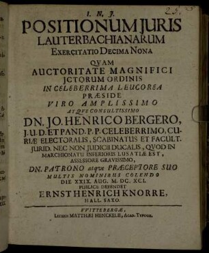 Positionum Juris Lauterbachianarum Exercitatio Decima Nona
