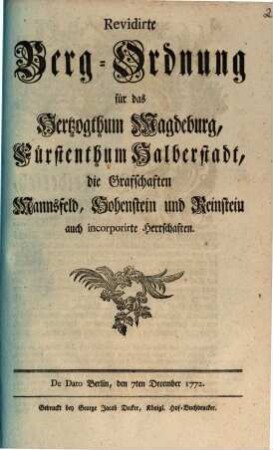 Revidirte Bergordnung für das Herzogthum Magdeburg
