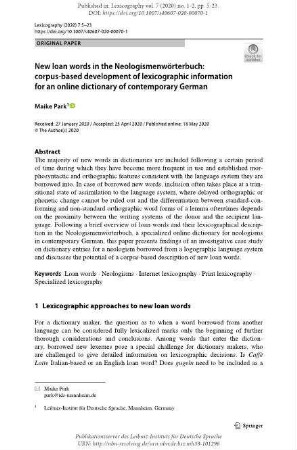 New loan words in the Neologismenwörterbuch: corpus-based development of lexicographic information for an online dictionary of contemporary German