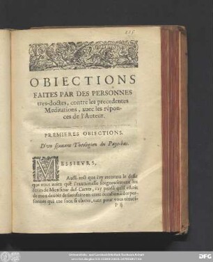 Premieres Obiections. D'un sçavant Theologien du Pays-bas.