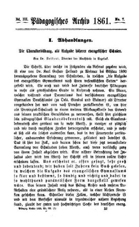 Die Charakterbildung, als Aufgabe höherer evangelischer Schulen