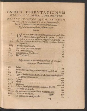 Index Disputationum Quae In Hoc Opere Continentur.