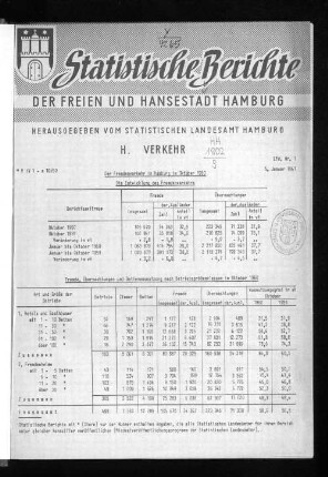 Der Fremdenverkehr in Hamburg im Oktober 1960 : Lfd. Nr. 1