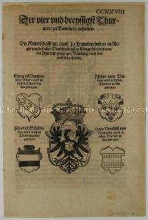 Vierunddreißigstes Turnier zu Bamberg im Jahr 1486 - Stadt-, Königs- und Familienwappen (S. CCXXVIII aus dem Turnierbuch/1. Teil)