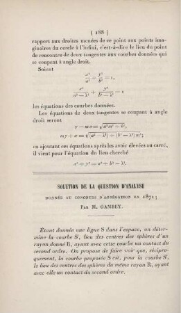 Solution de la question d'analyse donnée au concours d'agrégation en 1871.