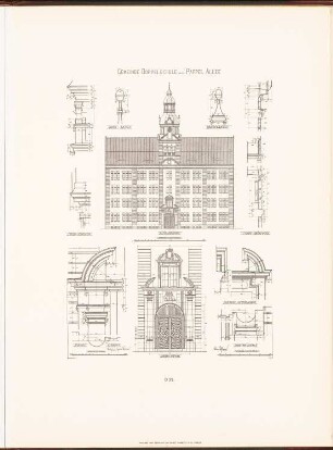 Gemeindedoppelschule an der Pappelallee und der Lychener Straße, Berlin: Ansicht von der Straßenseite, Details Schulhaus (aus: Neubauten der Stadt Berlin, Bd. V, 1907)