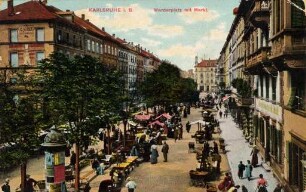 Postkartenalbum mit Motiven von Karlsruhe. "Karlsruhe in Baden. Werderplatz mit Markt"