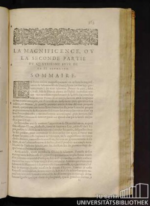 La Magnificence, Ou La Seconde Partie Du Quatriesme Iour De La II. Sepmaine. Sommaire.