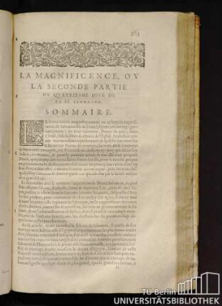 La Magnificence, Ou La Seconde Partie Du Quatriesme Iour De La II. Sepmaine. Sommaire.