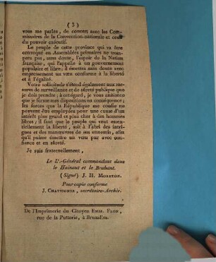 Les Représentans provisoires de la ville libre de Bruxelles, Au Citoyen Général Moreton : Bruxelles, ville libre, le 19 Février 1793, l'an 1er de la liberté belgique