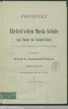 Prospekt der Ehrlich'schen Musik-Schule (auch Theater- und Orchester-Schule)