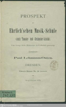 Prospekt der Ehrlich'schen Musik-Schule (auch Theater- und Orchester-Schule)