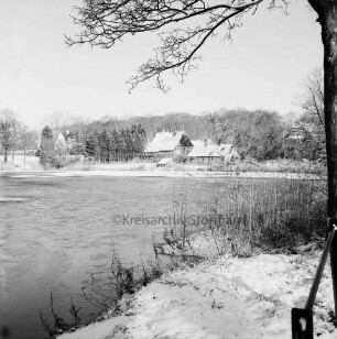Mühlenteich mit Eisdecke: vorn Böschung mit Schilf, rechts Baum: am gegenüberliegenden Ufer Häuser und Bäume: Winter