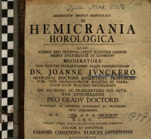Dissertatio Medica Inavgvralis De Hemicrania Horologica