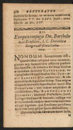 XII. Exequiae conjugis Dn. Bartholomaei Reusneri, I. C. Dorotheae Zangera, & filiole Catharinae.