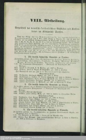 VIII. Abtheilung. Verzeichniß der deutsch-katholischen Geistlichen, und Kirchendiener im Königreiche Sachsen